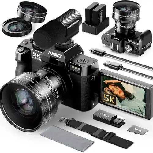 NBD 5K Vlogging Camera - 48MP, 16X Zoom, 2 Batteries, Wide Angle/Macro Lens, 3.0" Touchscreen, WiFi Sync, Flash Control, Microphone Input, Wireless Tripod, Leather Case - Black, Camera for Vlogging, Recording, Memory, Accessories, Streaming Equipment