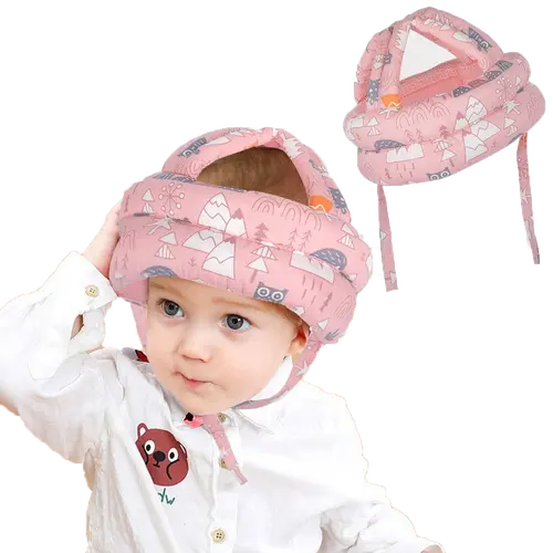 Baby Toddler Anti-Fall Headguard-Style Safety Cap - Soft Hat, Breathable Cotton, Bump-Buffer Elastic Sponge, Adjustable Velcro Closure, Chin Strap, Cotton Outer Feels Gentle, Pink Unisex Toddler Hat for Walking, Playing