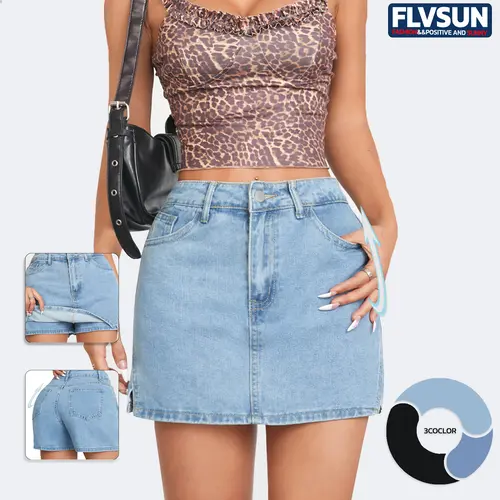 Flvsun Women's High-Waisted Denim Skort - Button Front, Outdoor-Ready Cut, All-Season Casual Streetwear, Pockets, Side Thigh Split, Jeans-Inspired Minimalist Design, Chic, for School Work Hiking Travel, Do Not Bleach