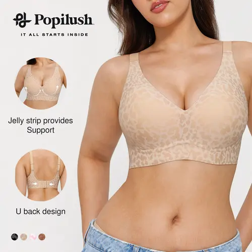 Popilush Cooling Bra Seamless Wireless Jelly Bra Leopard Print - Adjustable Strapless Sexy V-neck Molded Cup, Ultra Comfort & Strong Support Women