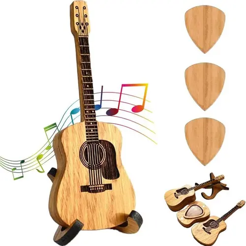 Wooden Guitar Pick Box with Stand - 3PCS Unique Guitar Picks Mini Storage Box for Guitarists Portable Handcrafted Guitar Picks Storage Container for Weddings Birthdays Anniversaries Gift-YY