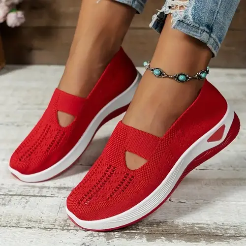 OFIREND Women's Plus Size Soft Flyknit Slip-On Walking Shoes - Breathable Fabric Footwear, PVC Sole, Solid Design Female Casual Shoes, Knitted Upper