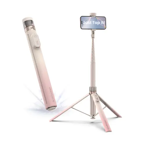 KraftGeek JustTap Ombré Peach Aluminium Mobile Selfie Stick-Tripod, 66" Wireless Selfie Stand, Tap-to-Open, Built-in Cold Shoe for Mic/Light, 33ft Bluetooth Remote, Lightweight Vlogging Gear for iPhone/Samsung