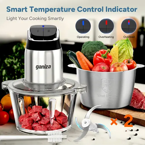 Ganiza Food Processor with 8 Cup Glass Bowls & 8 Cup Stainless Steel 2-Speed Food Chopper Meat Grinder Upgraded Button & Smart Overheat Protection Light - Includes Clean Brush 2 Sets of Blades Kitchen Vegetable Cutter Kitchen Appliances, Durable Vegetable