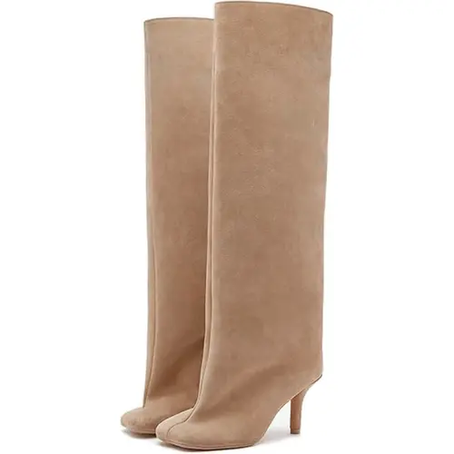 EROCALLI Women's Chic Nude Suede Square Toe Knee High Boots - Wide Calf, Kitten Heel, Slip On, Above the Ankle but Below the Knee, Square Toe Ease Winter Women's Shoes for Ladies