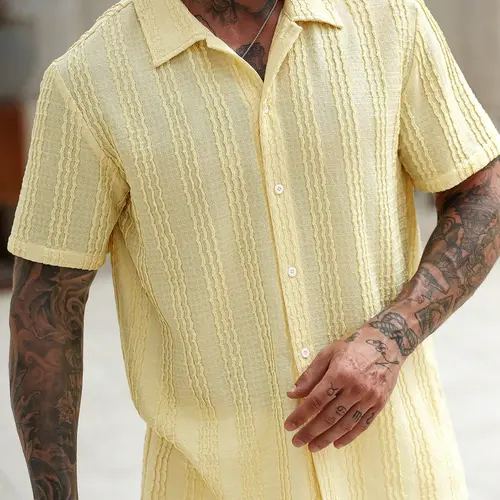 Men's Knit Jacquard Soft Classic Casual Button Collared Front Shirt, Menswear, Summer Fitted Style, Thin Fabric, Breathable Short Sleeve Casual Wear, Perfect for Daily Wear, Streetwear, Home, Holidays, Dates, Tops, Breathable Casual Clothing