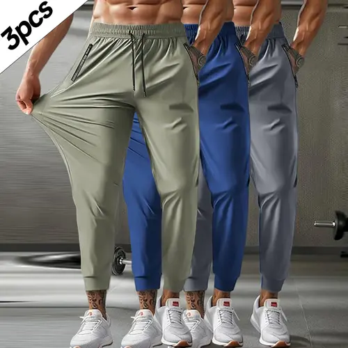 Men's 3PCS Athleisure Style Joggers, Active & Athletic Performance Pants, Elastic Waist with Drawstring, Zipper Pockets, Breathable High-Elastic Fabric, 9-Point Length, Suitable for Outdoor Running, Gym, Active Men's Pants