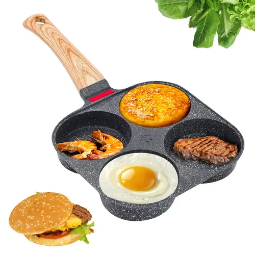 Non-Stick Egg Frying Pan, 4 Holes Skillet With Wooden Handle, Small Frying Pan for Eggs, Omelets, Toast, Pancakes, Crepes, Sandwiches, Breakfast, Easy Clean, Kitchen Gadget, Multifunctional, Birthday