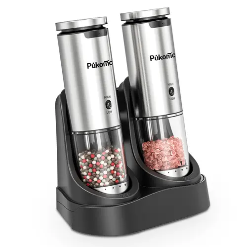 Pukomc Modern Eco-Friendly Smart Electric Grinder Set (2-Piece) - Kitchen Appliances with 6 Adjustable Levels, Rechargeable LED Light Base, 1-Handed Operation, Quick Rinse Clean Detachable Parts,  Camping Seasoning Utensil,, Everyday