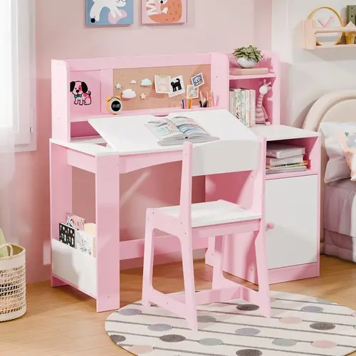 Modern Grey Adjustable Kids' Study Desk & Chair Set - Ergonomic Wooden Pre-Painted Children's Furniture with Tilting Desk Top, Hutch, Storage Cabinet, Corkboard, Cable Management, Kid-Easy Door Knob for 5-12 Years Old Bedroom Writing Use