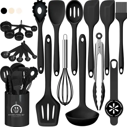 AISOON 22-Piece Silicone Kitchen Utensils Set - Chef-Approved Nonstick Cooking Accessory Kit with Spatula, Slotted Spoon, Whisk, Ladle, Fork, Pasta Tongs, Turner, Compact Holder - Heat-Resistant, Dishwasher-Safe, Khaki (Ideal for Christmas, Mother’s Day)