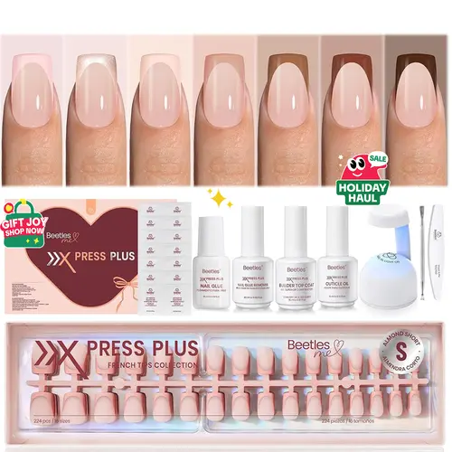 Beetles X Press Plus Glitter-S-Squoval-Nude 224Pcs 16Sizes Gel Nails Kit, 7-Color French Tip Fall Set with Glue, Remover, Builder Top Coat, Lamp – At-Home Acrylic Decorated Builder Gel False Nails & Accessories, Glitter-S-Squoval-Nude-224Pcs-16Sizes-Kit