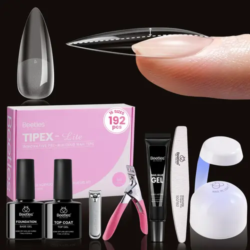 Beetles Tipex Lite Apex Acrylic Nail Kit (192PCS) - All-in-1 Nail Care Set with UV Glue, Base & Top Coat, Mini Lamp, Clipper, Cuticle Nipper, Pre-Building Pre-Etched Chic Tips
