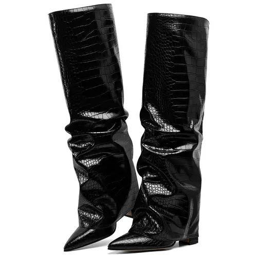 EROCALLI Women's Black Chic Slouchy Knee-High Boots - Pointed Toe, Fold-Over Design, Chunky Heel, Shark-Inspired Fashion Shoe for Party, Business (Women's Footwear), Modest