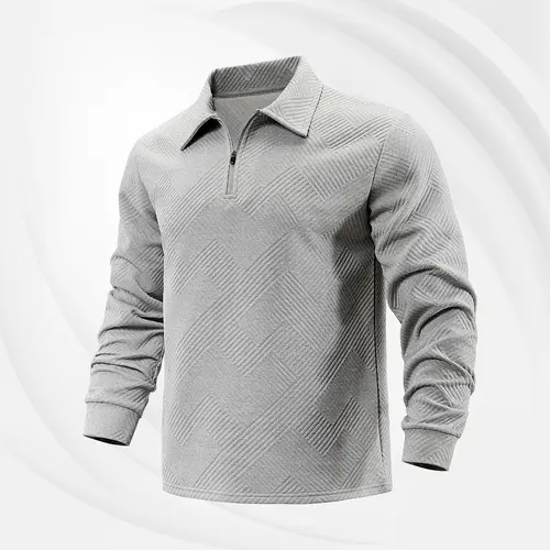 Men's Beige Fitted Medium Fit Long-Sleeve Pique Polo Shirt - Menswear, Geometric Pattern, Casual Comfortable Fashionable Top for Spring, Autumn Aesthetic