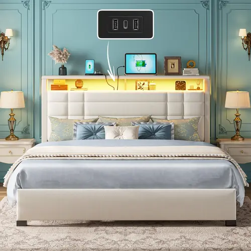 【Back to school】Raybee Sturdy Upholstered Queen Size Bed Frames with Headboard & Storage Shelves, Luxury LED Bed Frame with USB Ports for Full King, Modern Bedroom Furniture, No Mattress, No Noise, Metal Slats, Holds up to 880lbs, Beige,Gray