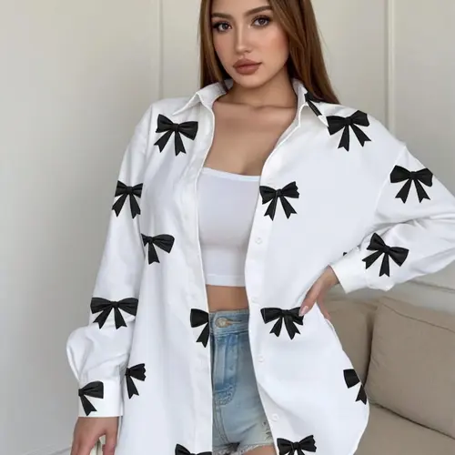 Women's Loose-Fit Long Sleeve Shirt Blouses, Womenswear, Casual Everyday Kint Fabric Top for Spring & Fall Seasons, Comfortable Moderate Thick Material Design