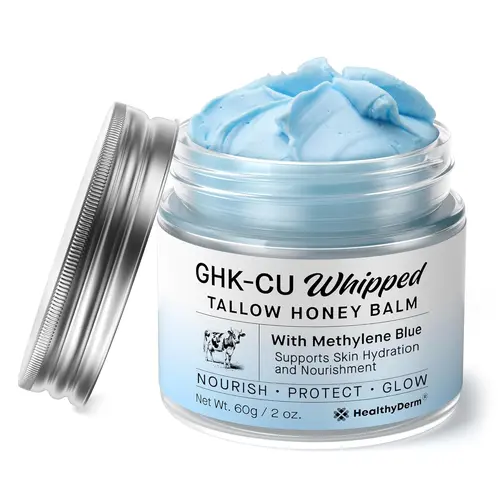 HealthyDerm GHK-CU Peptide Blue Balm with Beef Tallow & Methylene Blue - Firming Deep Hydration Moisturizer for Face & Body, Gentle on Mature, Dry & Sensitive Skin, 2 oz, Moisturizing, Hydrate, Gentle Hydrating Sensitive, Beef Tallow For Skin, Smooth Skin