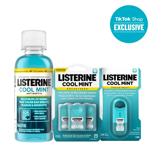 Listerine Travel-Size TikTok Shop Trio, Cool Mint Mouthwash 3.2 fl oz, Pocketmist and PocketPaks Fresh Breath Strips (Alcohol-Free Flavor Available)