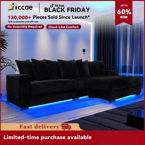 [3 Parcel Shipment ]  Niccae 110" Corduroy Tufted L-Shaped Sleeper Sectional Sofa with LED Base, Adjustable Footrests & 8 Pillows for Small Apartments, Living Rooms & Bedrooms