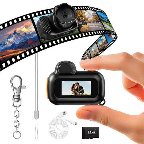 [backtoschool]Mini Keychain Digital Recording Camera - Compact HD Camcorder with 64GB TF Card, 1080P HD, 8MP Lens, Flash, 0.96" LCD Screen, Rechargeable, Realtime Preview, Cable - Mini Gadgets for Purse, Travel | Kids' Perfect Gift, Hd Video Camcorder