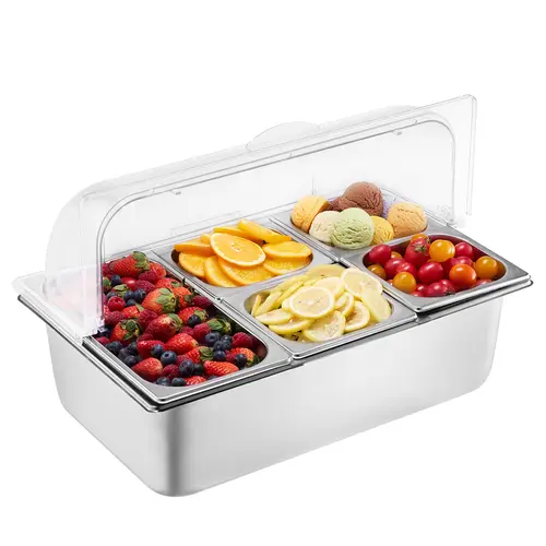 【Summerfinds】VEVOR 5-Pan Stainless Steel Countertop Food Serving Display Container with Detachable Rack, Storage Containers, Utensils & 3 Freezer Boxes for Restaurant, Family Meals Preservation