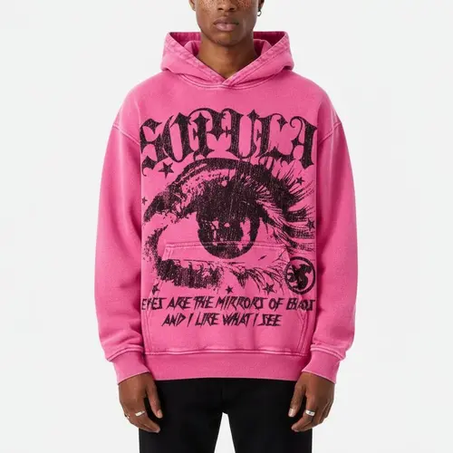 Sopula Studio Men's 100% Cotton Star Eyes Graphic Acid Wash Hoodie - Long Sleeve Streetwear Sweatshirt, Pink Casual Pullover, Mensfashion Top, Casual Streetwear Sweatshirt, Streetwear Clothing