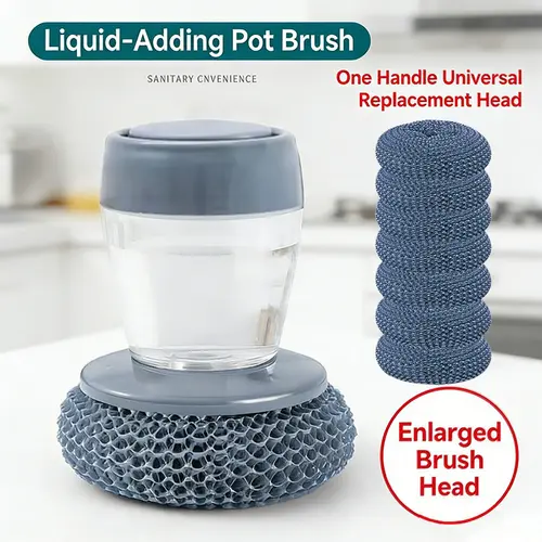 Palm Handle Automatic Liquid-Filling Plastic Soap Dispensing Brush - Sponge-Integrated Kitchen Home Cleaning Tool with Squeegee, Detachable Head Clean, Removable Washable for Sink Stove Tough Stain Grease Removal, Gentle Soap Flow