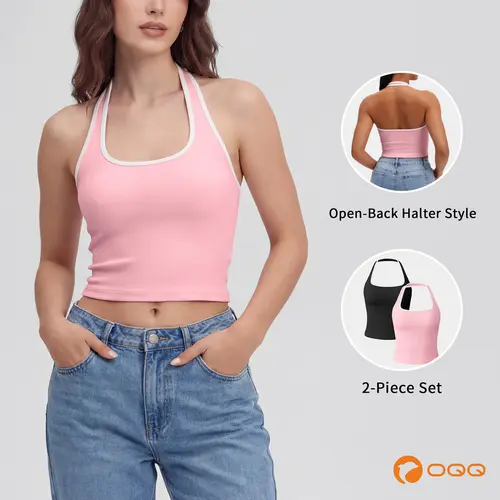 OQQ Women's Square Neck Sleeveless Backless Collar-Neck Top Design - Elastic And Soft, Comfortable And Trendy For Girls' Party Wear