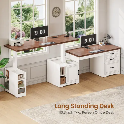 Sedeta 63 in L-Shaped Electric Height-Adjustable Wood Office Desk - Rustic Steel Frame Workstation with Drawers, Shelves, Power Outlet, Tiltable Tabletop, Adjustable Height Display