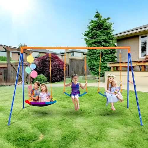 【BackToSchool】VEVOR Backyard Metal Frame Playground Equipment, 600lbs Load Capacity Swinging Set with 1 Oxford Fabric Saucer Seat, 2 Belt Seats, Heavy Duty A-Frame Stand & Adjustable Rope for Kids Outdoor Play