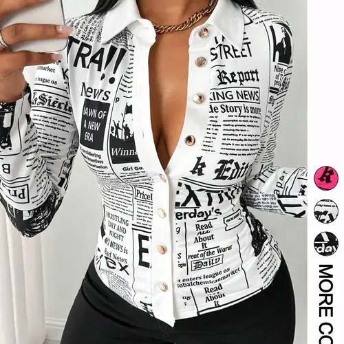 Women's Long Sleeve Fitted Casual Classy Top Button Blouse Shirts Tops with Letter Print, Single Button Front Design, Perfect for Daily Wear & Outdoor Activities, Womenswear