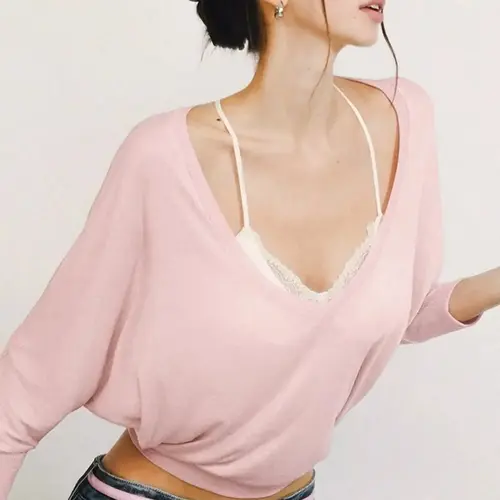 Women's Solid Color Minimalist Semi-Sheer V Neck Long Sleeve T-shirt, Sexy Loose-Fit Casual Crop Top for Parties, Clubs, Dating and Holiday, Ladies Elegant Tee for Spring, Fall and Winter, Everyday Wear, Womenswear