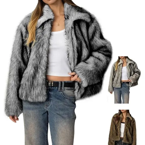 Fisoew Women's Elegant Long-Sleeve Polyester Fluffy Faux Fur Collared Short-Length Fur Coat, Cruelty-Free Casual Chic Plush Cold Weather Outerwear for Fall-Winter Streetwear (Dry Clean Recommended)