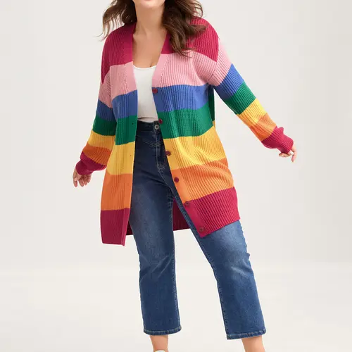 Women's Bold Colorblock Cardigan, Casual Oversized V-Neck Knitwear with Drop Shoulders, Button Front Long Sleeve Acrylic Sweater, Lady, Longsleeves, Casual Fashion Jumper, Cardigan For Women, Affordable Fashion, Button Front, Quick On/Off
