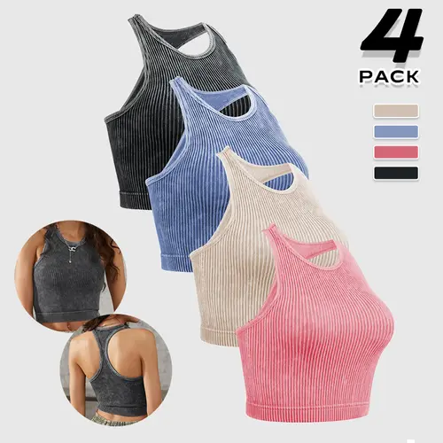 4-Pack Women's Ribbed Crop Tank Tops, Slim Fit Quick-Dry Sleeveless Activewear for Gym, Yoga, and Fitness, Women's Clothes, Fitted Tank Tops, Everyday, Workout Tops