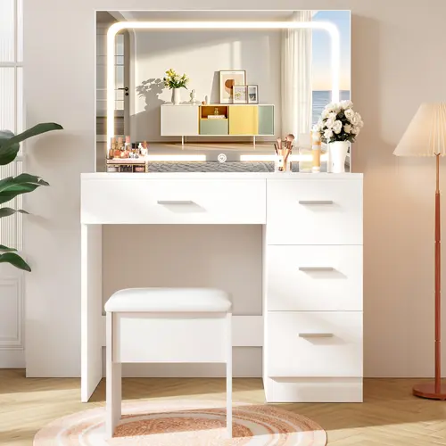 [backtoschool] WeCharmer Illuminated Makeup Vanity Desk - Drawer-Style Compact Dressing Table with LED Mirror, Multi-Drawer Storage, Cushion Stool, Space-Saving Indoor Bedroom Furniture