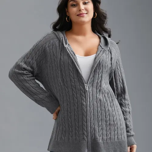 BloomChic Cable Knit Hooded Zipper Cardigan 【M-6XL】
