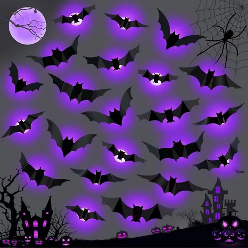 TOODOUR 36 PCS LED Purple Lighted 3D PVC Bat Halloween Decorations, 5 Sizes & 4 Shapes Removable Waterproof Stickers for Indoor Decorations, Outdoor Decor, Party, Halloween Party, Outdoor Halloween Decor