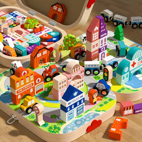 Edutree Stem Magnetic Blocks Creative Wooden Building Set, Educational Toy with Rolling Cars, Traffic Signs, Miniature Buildings, Smooth Wood for Safe Play, Fine Motor Practice & Imaginative Development, Kids' Birthday Gift
