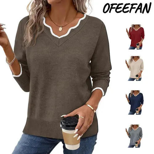 OFEEFAN Women's Soft V-Neck Pullover Sweater Lightweight Knit Top for Layering Casual Apricot Longsleeves Womenswear