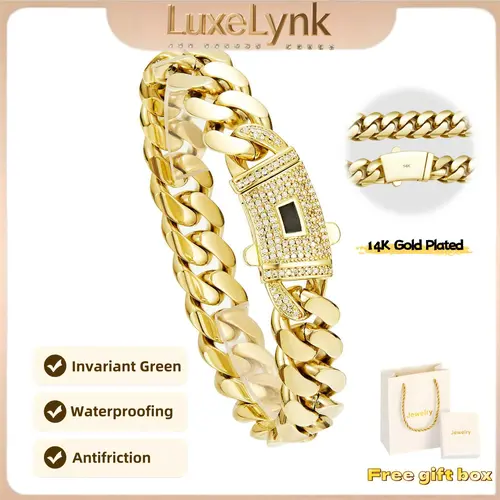 14K gold-plated Cuban bracelet. The new gold-plated craftsmanship and classic white stone inlay design are dazzling. Miami Cuban bracelet combines tradition and fashion. The best gift for him/her. 6mm~14mm 7.5/8.5 inches are available.