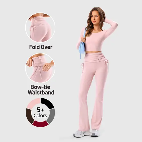 Inno Mint Women's High Waist Fold Over Leggings - Bow-tie Waistband, No Front Seam, Ruched Tummy Control, Flare Leggings Style, Activewear with Stretchy Fabric Moves with Every Pose, Body Shaping for Gym & Casual Use, Pants For Women, High Waist Hugs For