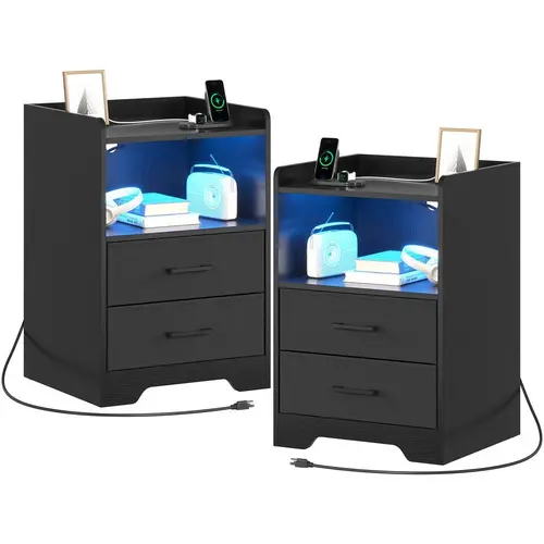 SIKAIC 2PCS Modern Black Minimalist LED Nightstands - Narrow, Drawer-Equipped, Laptop-Friendly Bedside Tables with Charging Station, Built-In Light, Easy Assembly for Indoor Bedroom Furniture, Nightstand