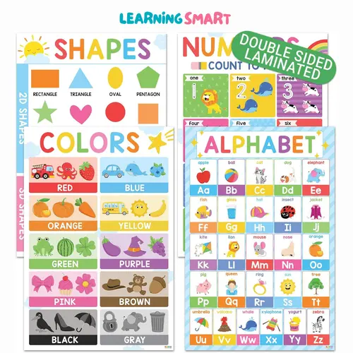 4-Pack 16x24in Double-Laminated Colorful ABC Alphabet Posters - Color & Shape & Number Charts, Toddlers’ Visual Learning Tools, Classroom Supplies Charts, Home Classroom Decorations, Longevity Office Stationery