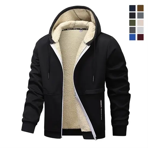 Men's Neutral Style Plain Fleece Heated Hooded Longsleeve Jacket - Thick Warm Lined, Comfortable Casual Zip-Up, Practical Pockets, Machine Washable Tops Coats for Autumn/Winter Western Wear (Beige/Black)