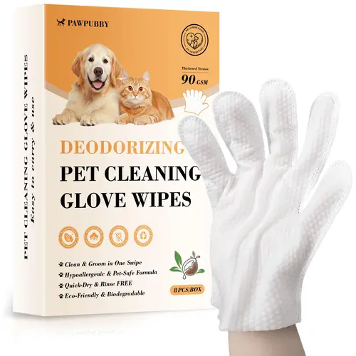 PAWPUBBY Deodorizing Pet Bath Cleaning Glove Grooming Wipes - Travelready 8-Pack, 90GSM Thick, Hypoallergenic, Gentle Safe Ingredients, Mess-Free, All Hair Types, Works Across Breeds & Coat Types, Pure Water Formula, Skin Health Support, Tough Odor Lift,