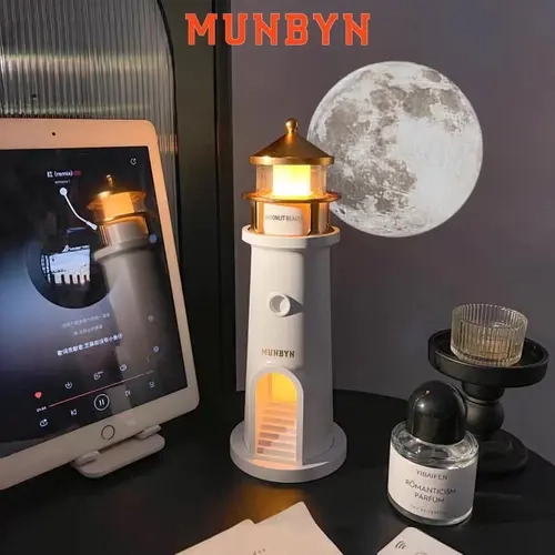 【MUNBYN Plastic Design Moonlight Projector Night Light】Wireless Portable Lighthouse Accent LED Lamps for Bedroom, Rechargeable LED Lights with Remote Control, Kids Toys for Children, Table Lamp Decor Accessory