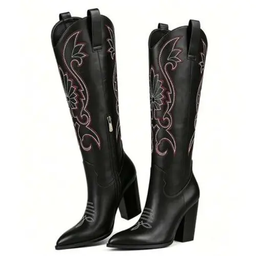 EROCALLI Women's Studded Cowboy Boots - Chic Mid-Calf Western Style, Pointed Toe, Chunky Heel, Rubber Sole, All Seasons Footwear with Cowboy Aesthetic & Cowgirl Vibe for Dress, Wedding Wear