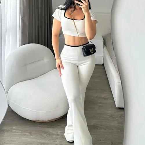 Women's Square Neck Short Sleeve Top & High Waist Flared Pants, Elegant Chic Fashion Colorblock Trim Outfit, Women's Casual Basic Slim-Fit Co-ord Set Clothes